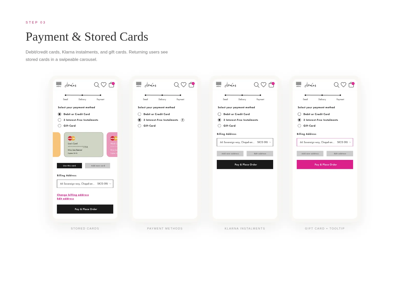 Order review state with editable line items and saved addresses