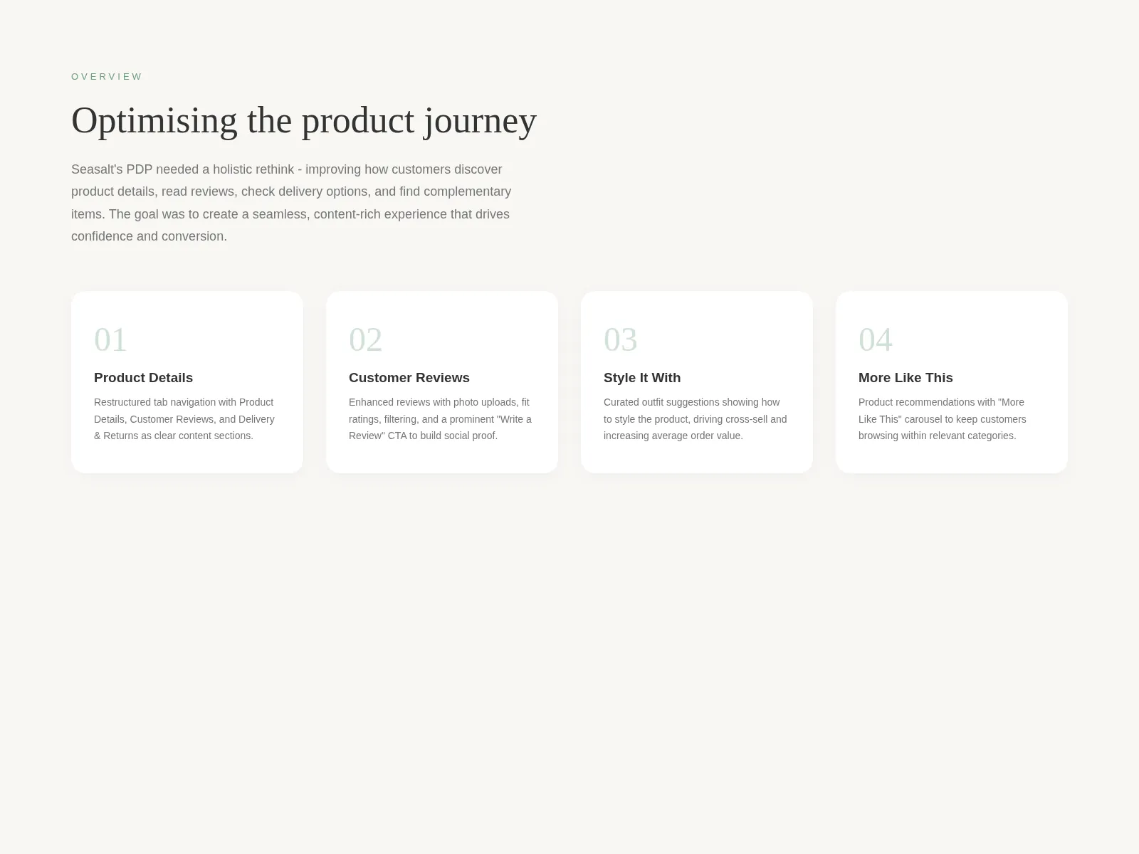 Overview of the four focus areas: Product Details, Customer Reviews, Style It With and More Like This
