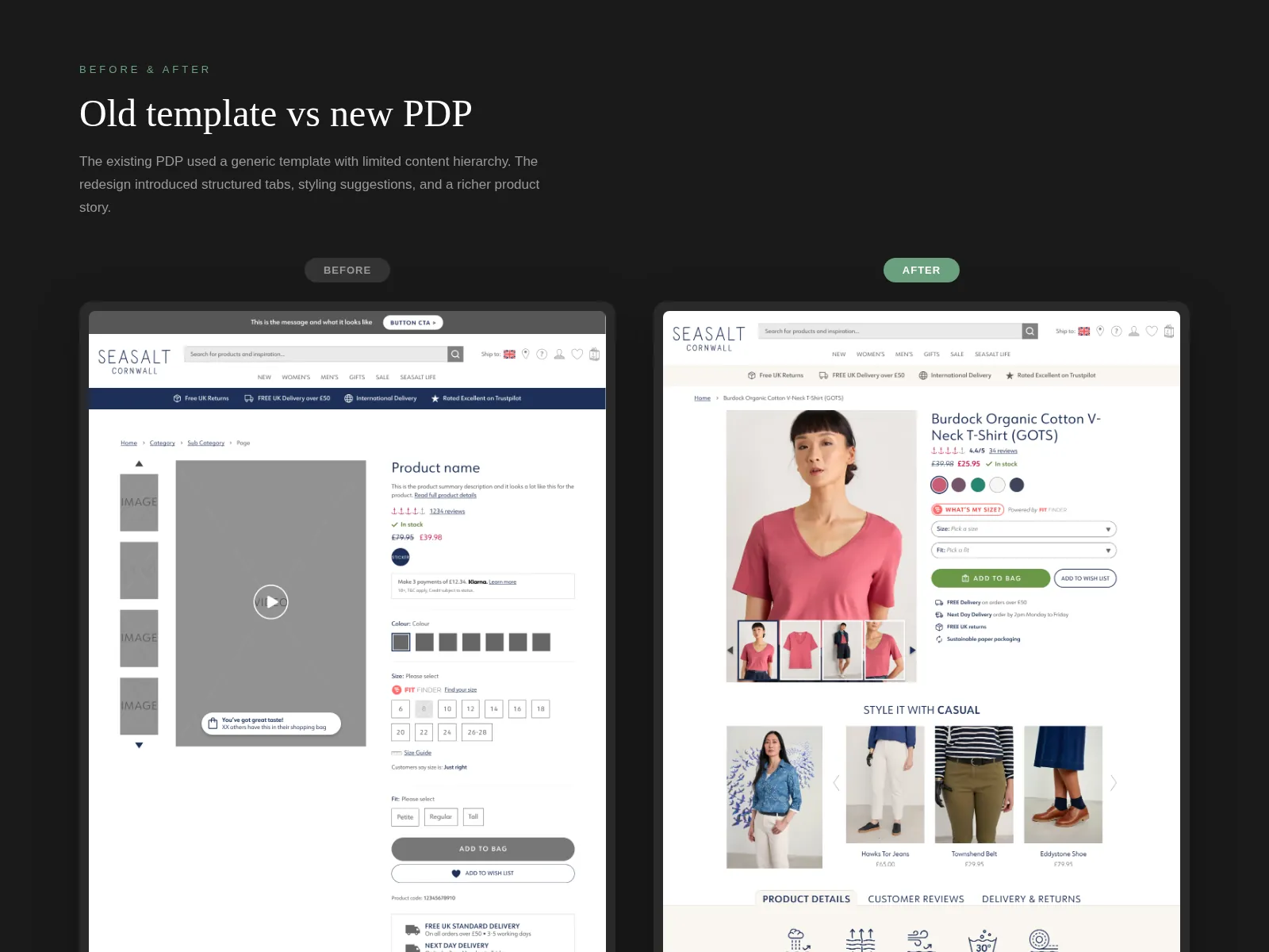 Before and after: the old generic product page template beside the redesigned Seasalt product page