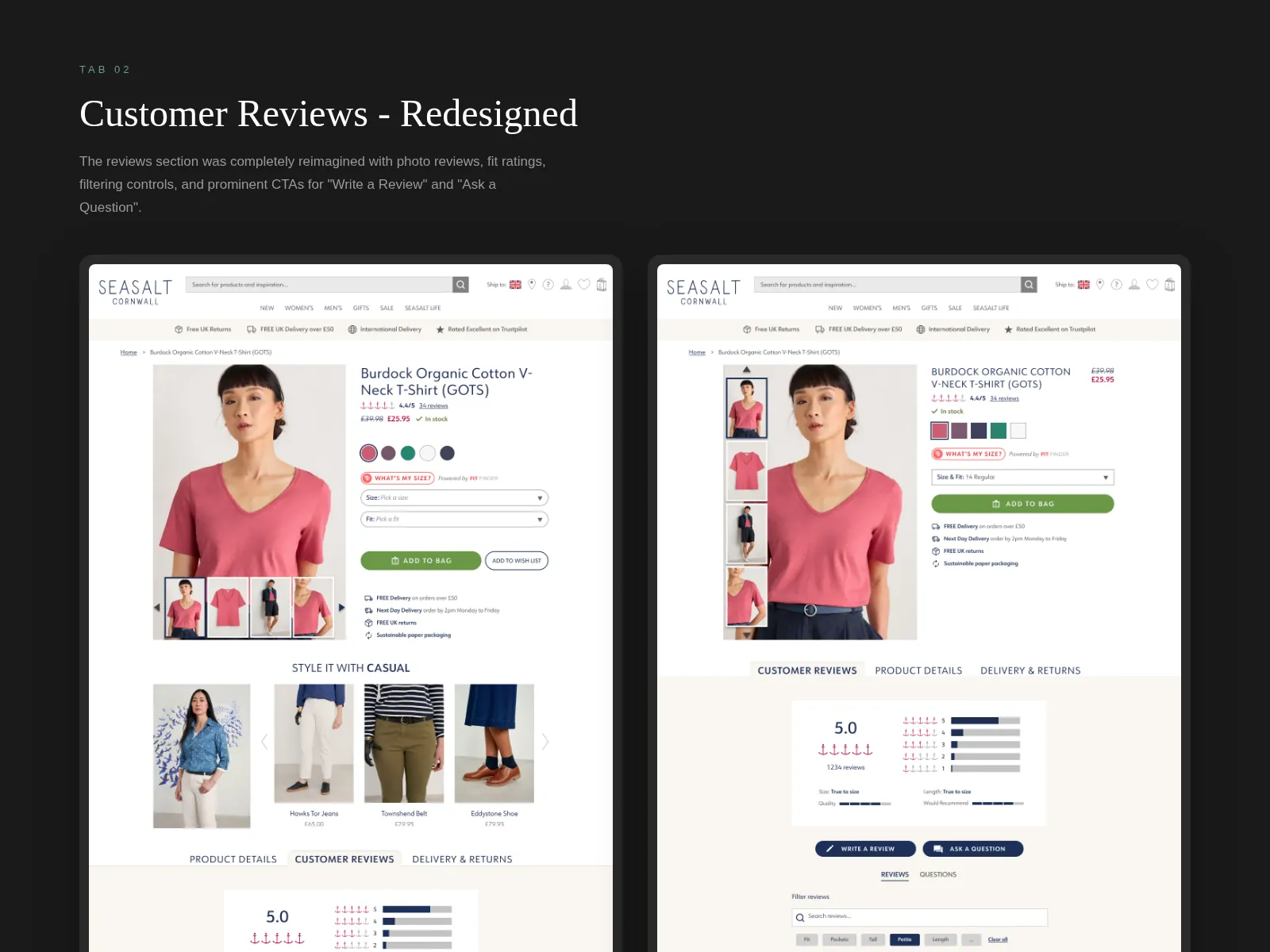 Redesigned Customer Reviews tab with rating summary, fit ratings, filters and Write a Review and Ask a Question buttons