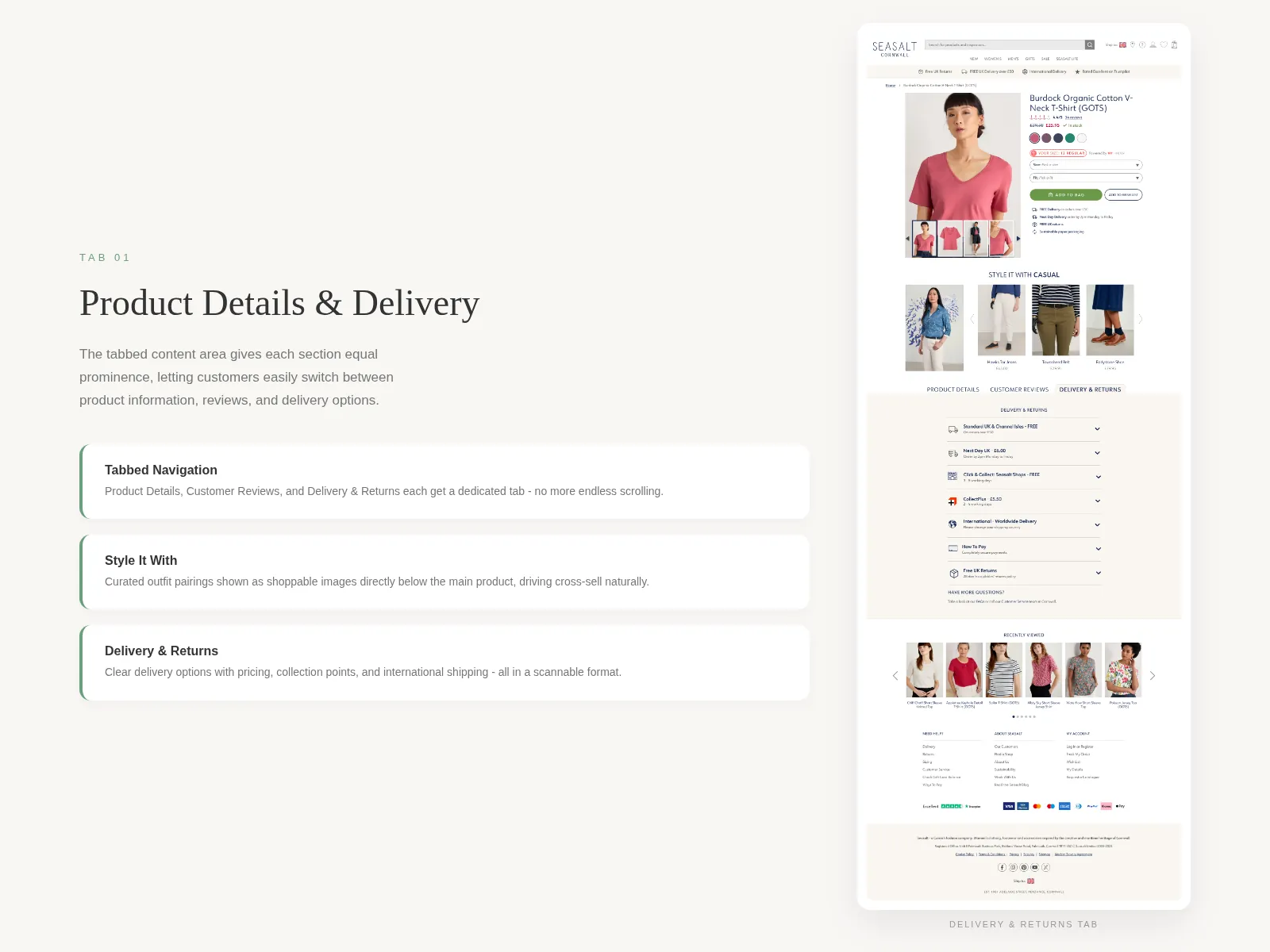 Product Details and Delivery tab, with delivery and returns options laid out as a scannable list