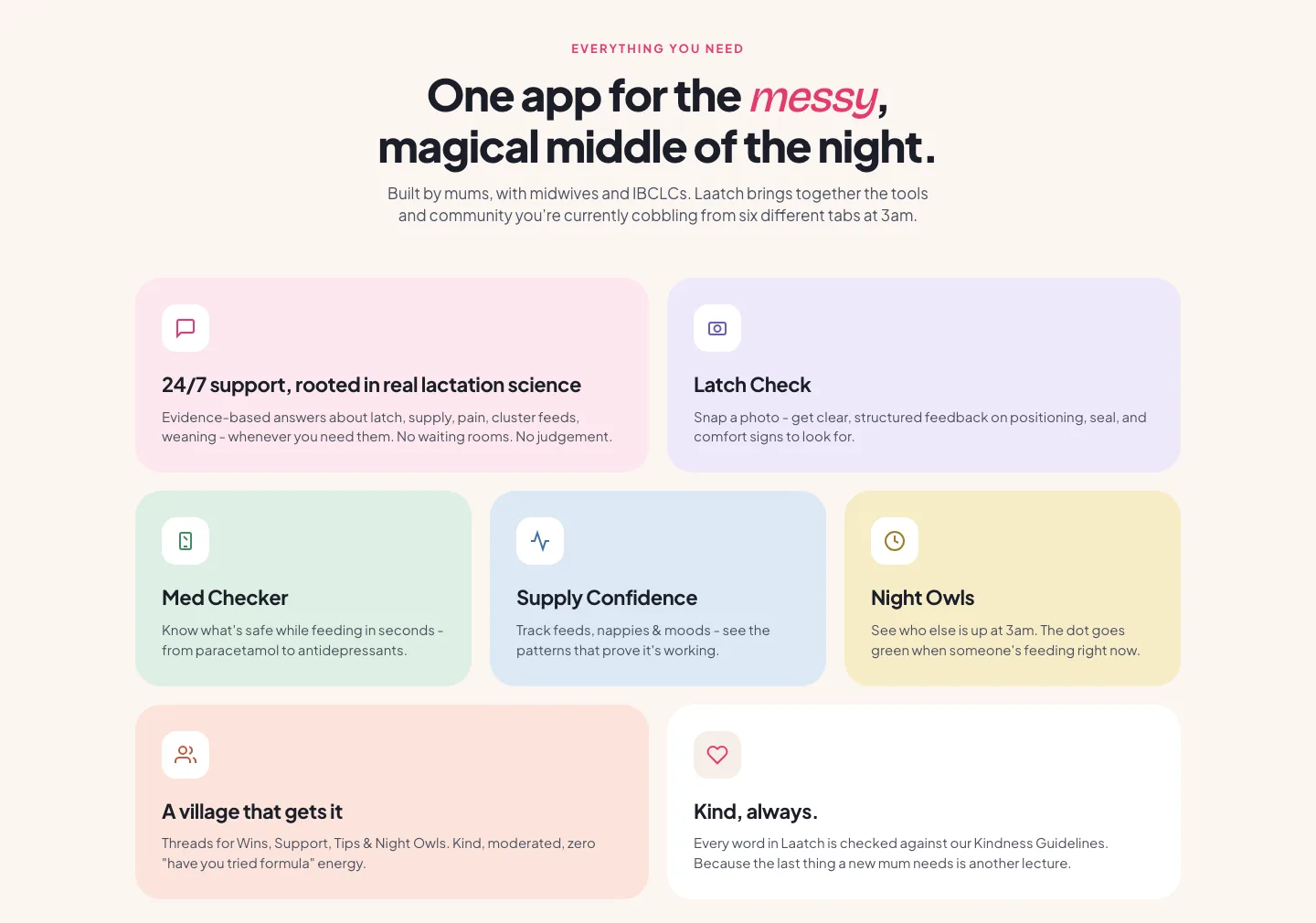 Grid of pastel feature cards: 24/7 support, Latch Check, Med Checker, Supply Confidence, Night Owls, A village that gets it, and Kind, always