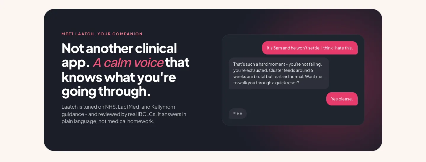 Dark section titled Not another clinical app, with a sample chat between a tired parent and Laatch