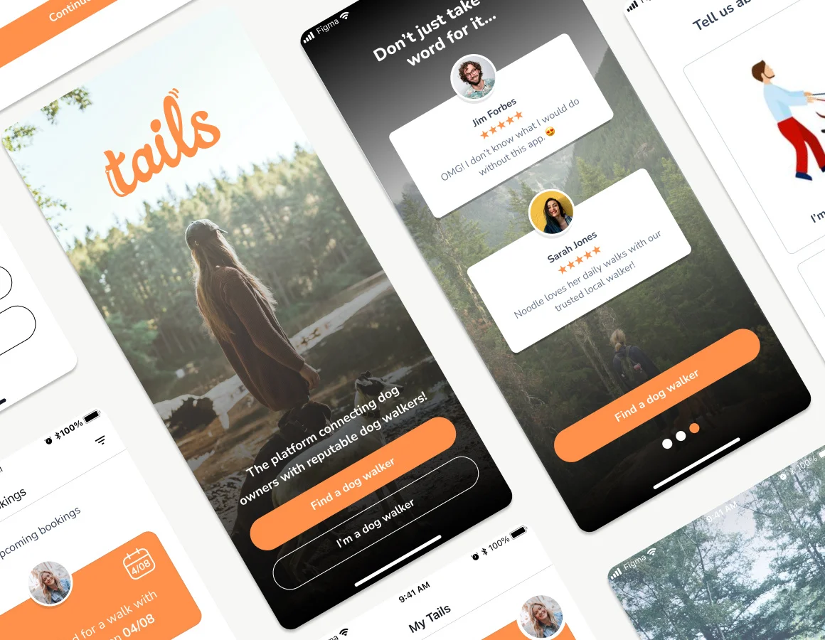Tails welcome screen with the logo over a forest photo, next to a screen of owner reviews with star ratings