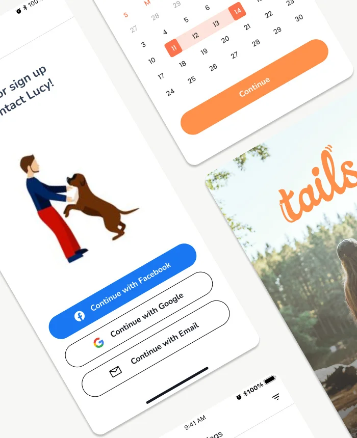 Sign-up screen with Facebook, Google and email options and an illustration of a man playing with a dog, beside a date picker